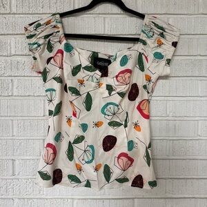 Retro Multicolor Leaf Print Blouse NWOT